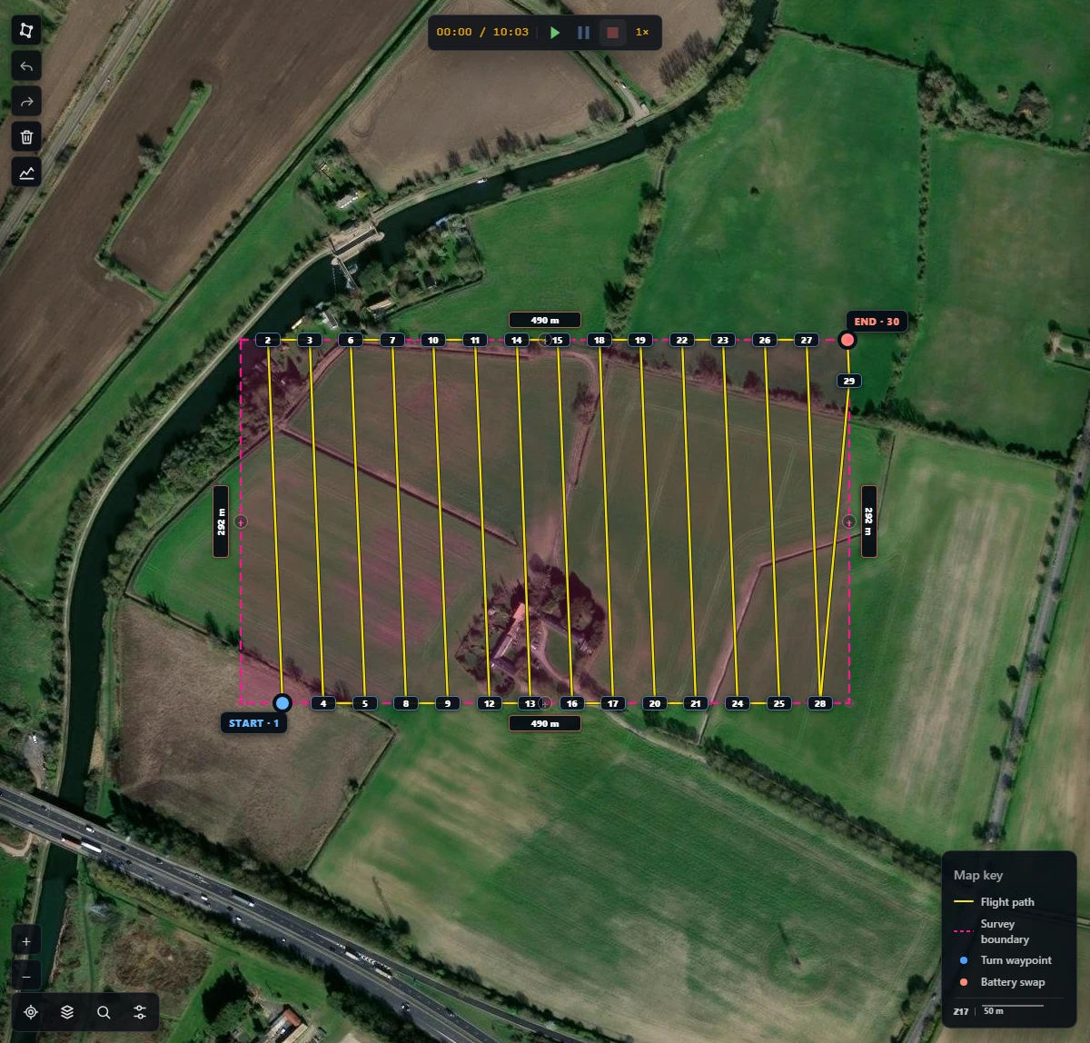Parallel 2D survey grid covering a polygon on the map
