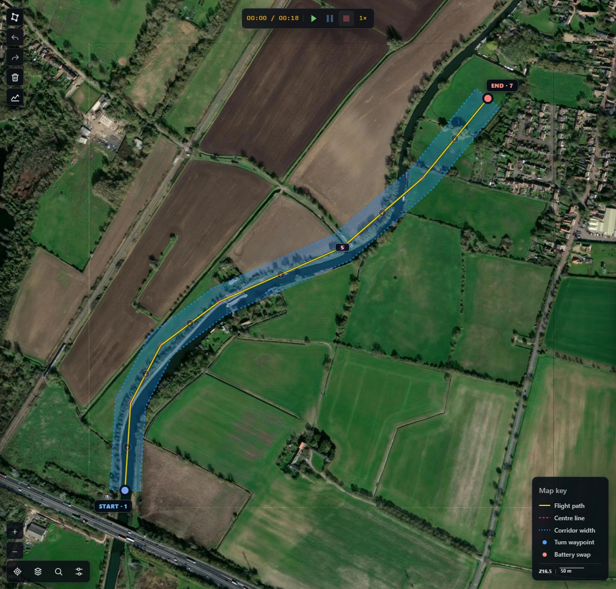 Corridor survey route following a curving canal