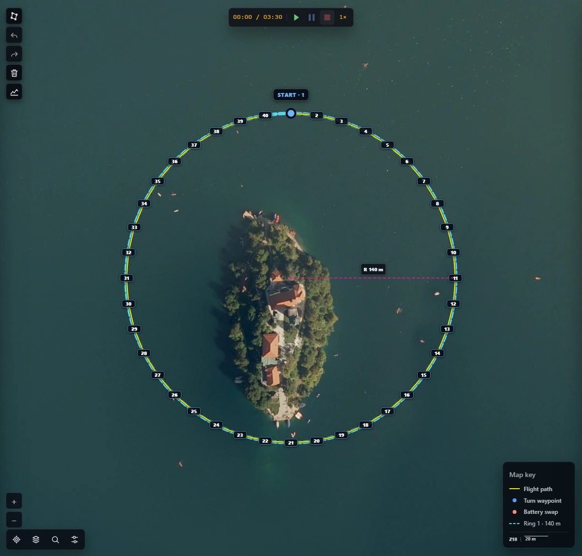 Orbit 3D flight route circling an island over calm water