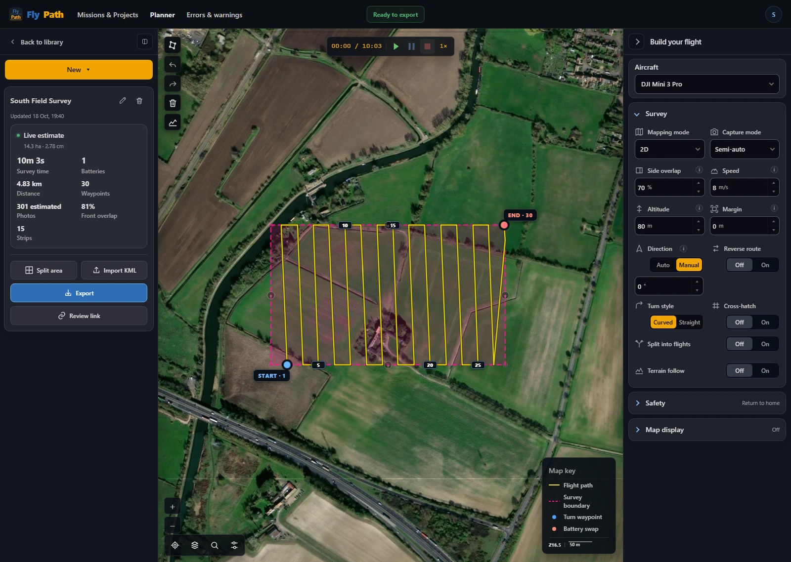 Generated flight route with the flight settings panel in the FlyPath planner