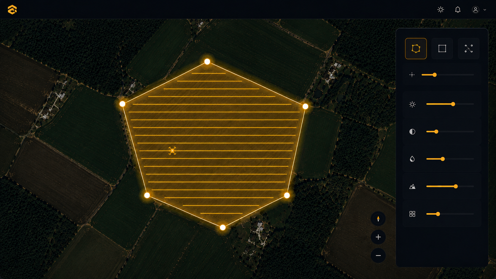 Auto-generated lawnmower flight grid filling the survey area