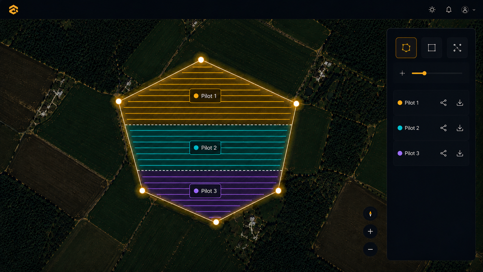 Survey area split into colour-coded zones for Pilot 1, Pilot 2 and Pilot 3