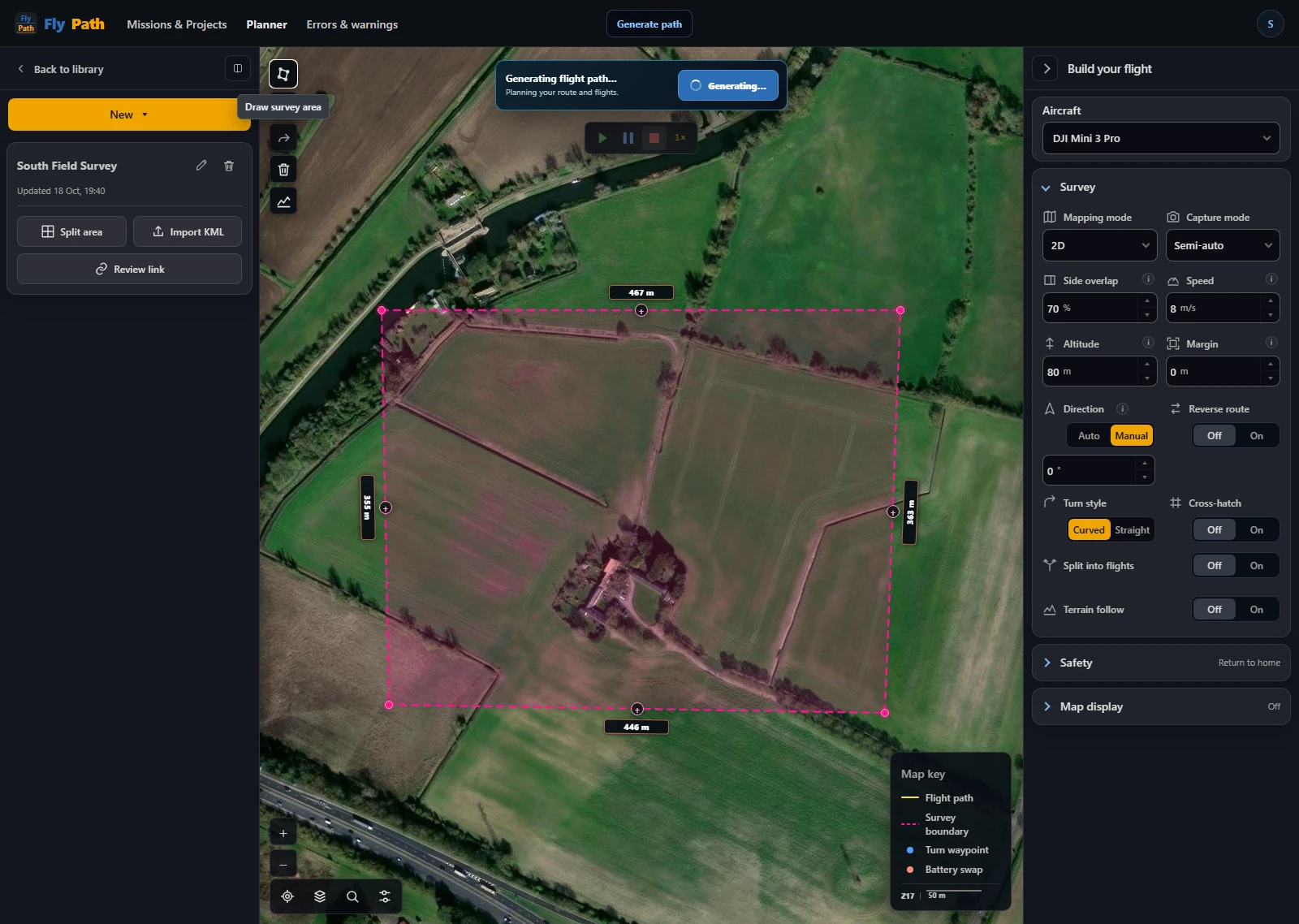 Survey area polygon drawn on the satellite map in the FlyPath planner