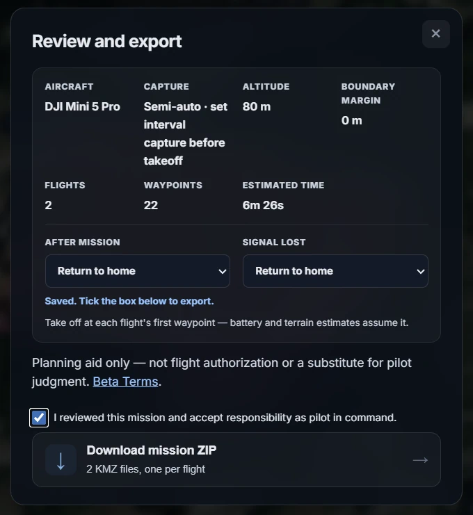 Reviewing and exporting the mission as a DJI WPML KMZ file