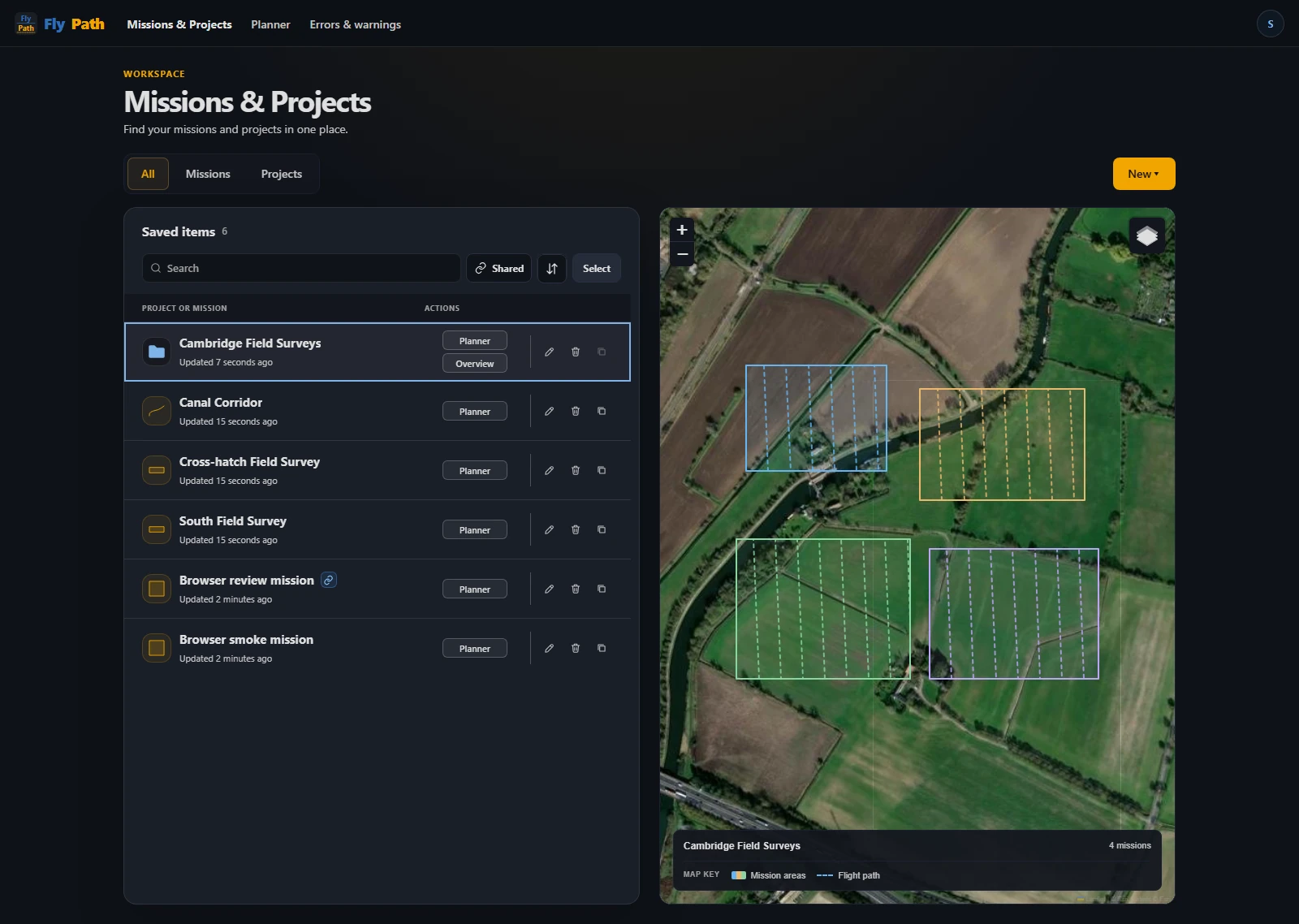 FlyPath Missions & Projects with saved missions, projects, and a shared map preview